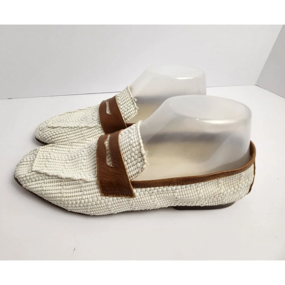 Sophique Milano Made In Italy Women's Riviera Raffia Leather Loafers Cream/Brown